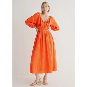 J.Crew Smocked Waist Midi Dress Orange Double Gauze Puff Sleeve V-Neck Small